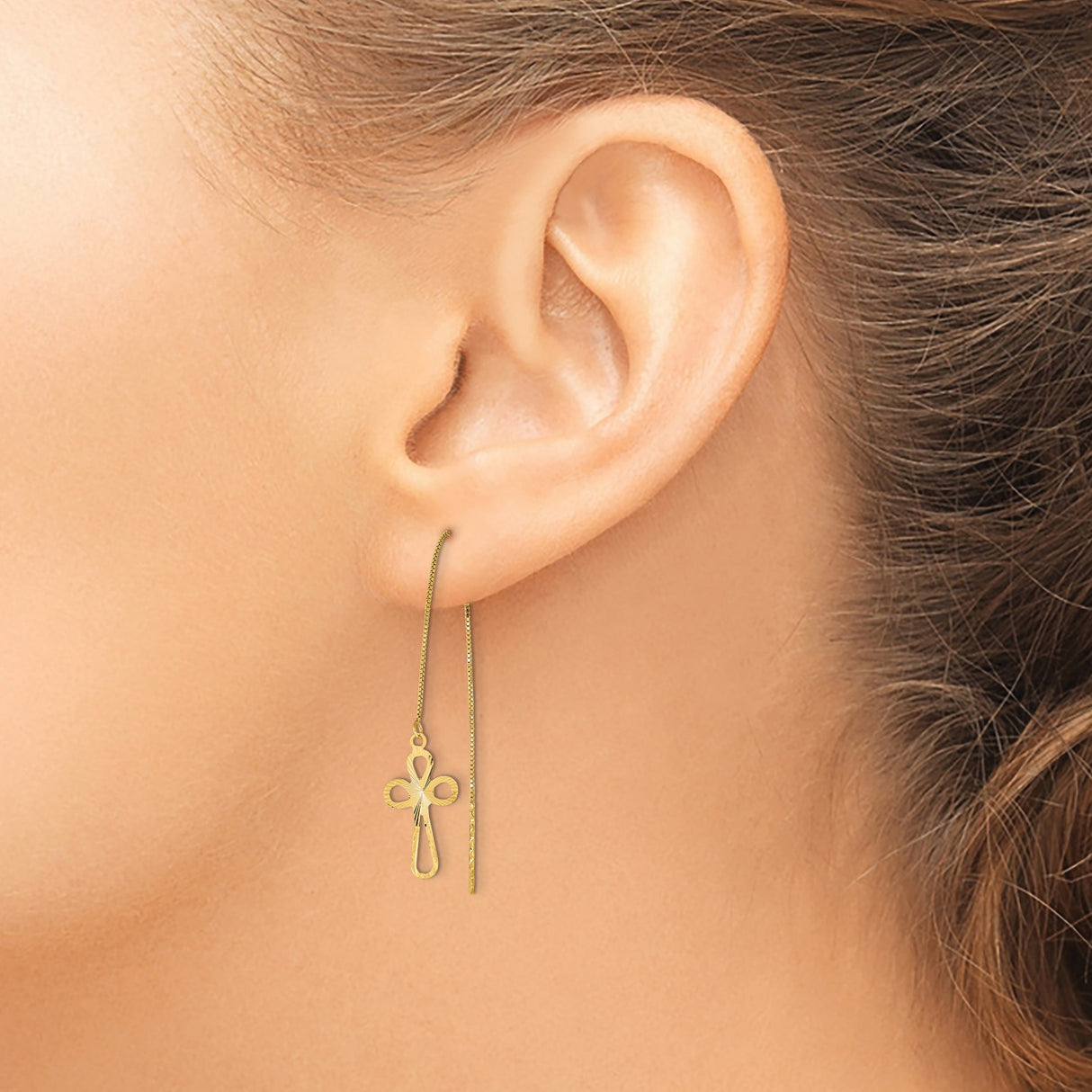 14k Yellow Gold Ankh Threader Earrings, Openwork Egyptian Cross Dangle Drops for Women
