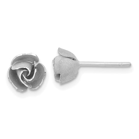 14k Yellow Gold Rosebud Stud Earrings, Rhodium Accents, Floral Design for Women