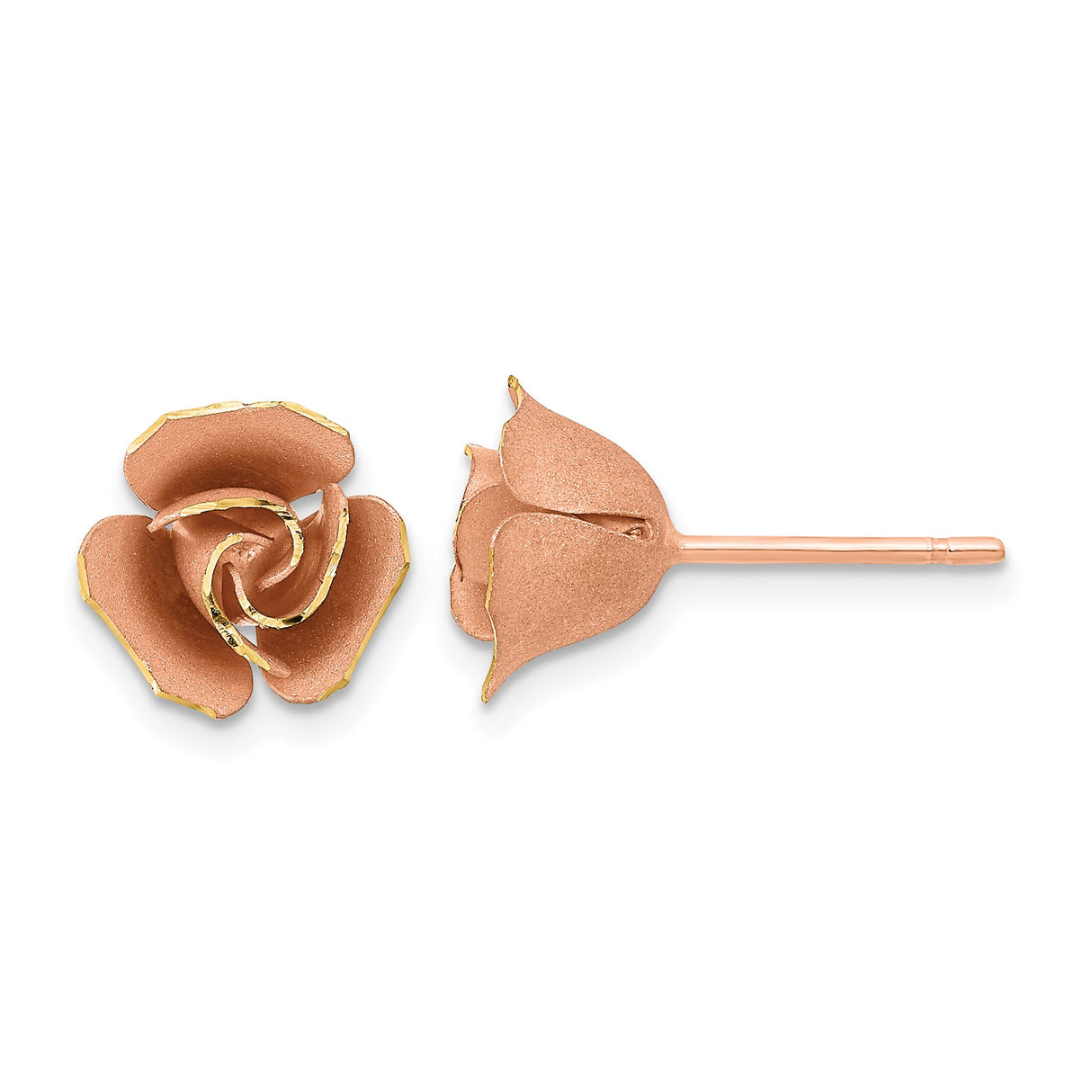 14k Yellow Gold Earrings, Rose Studs with Rhodium Detailing and Polished Petal Design for Women