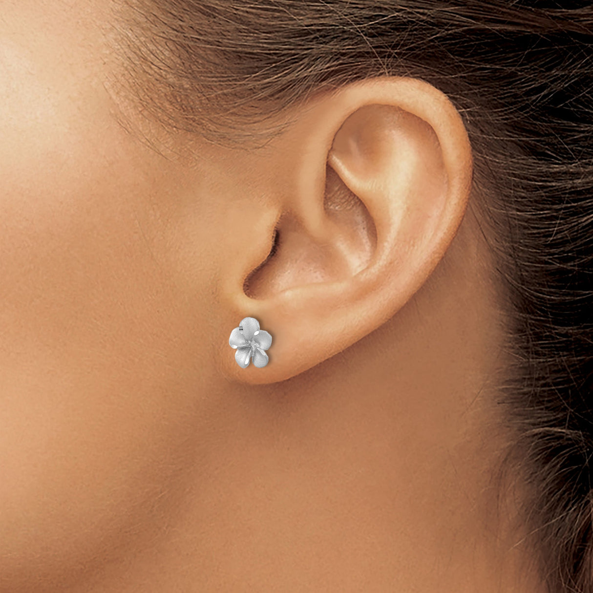 14k White Gold Flower Stud Earrings with Five Petal Matte and Polished Design