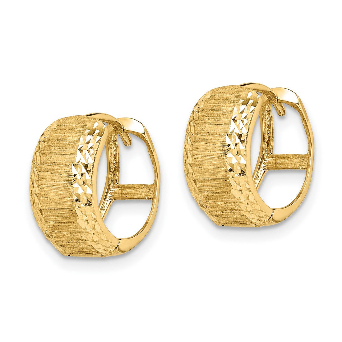 14k Yellow Gold Hoop Earrings with Rectangle Front, Brushed Texture and Diamond Cut Finish