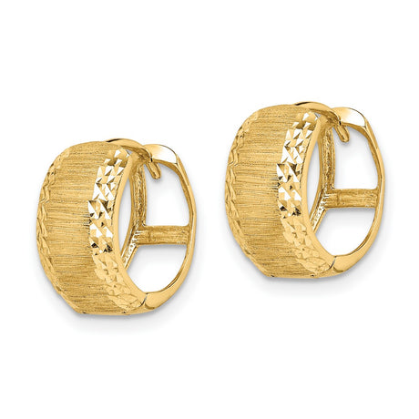 14k Yellow Gold Hoop Earrings with Rectangle Front, Brushed Texture and Diamond Cut Finish