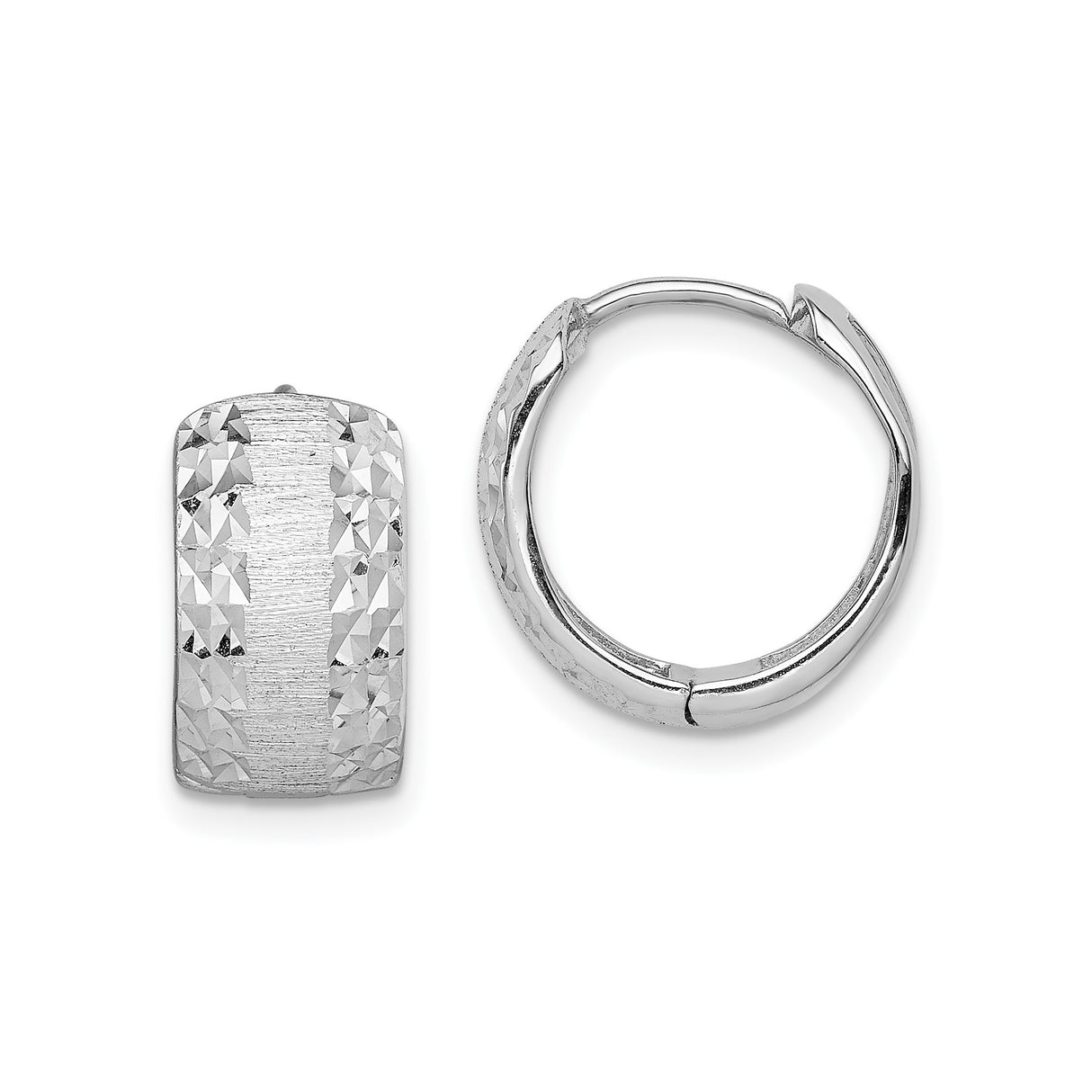 14k White Gold Hoop Earrings with Brushed Diamond Cut Design and Polished Finish