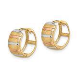 14k Yellow Gold Hoop Earrings with Textured Striped Design, Tri-Color Rose and White Gold Accents