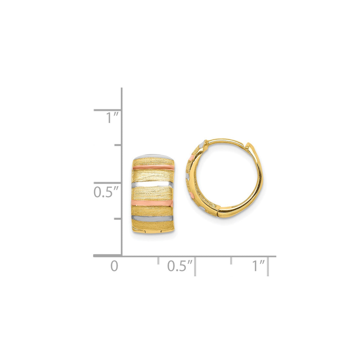 14k Yellow Gold Hoop Earrings with Textured Striped Design, Tri-Color Rose and White Gold Accents