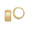 14k Yellow Gold Hoop Earrings with Textured Striped Design, Tri-Color Rose and White Gold Accents