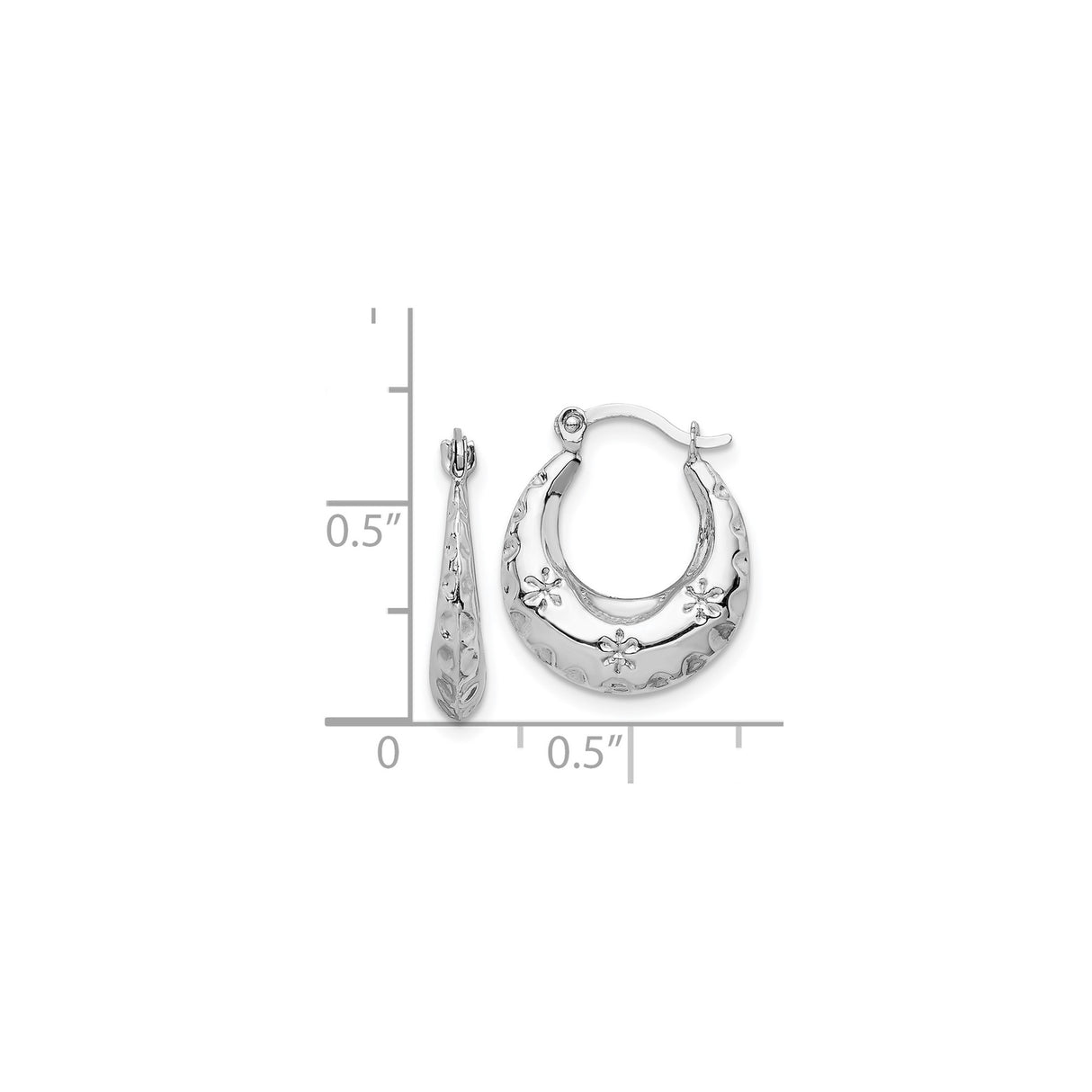 14k White Gold Hoop Earrings with Embossed Floral Pattern and Polished Finish
