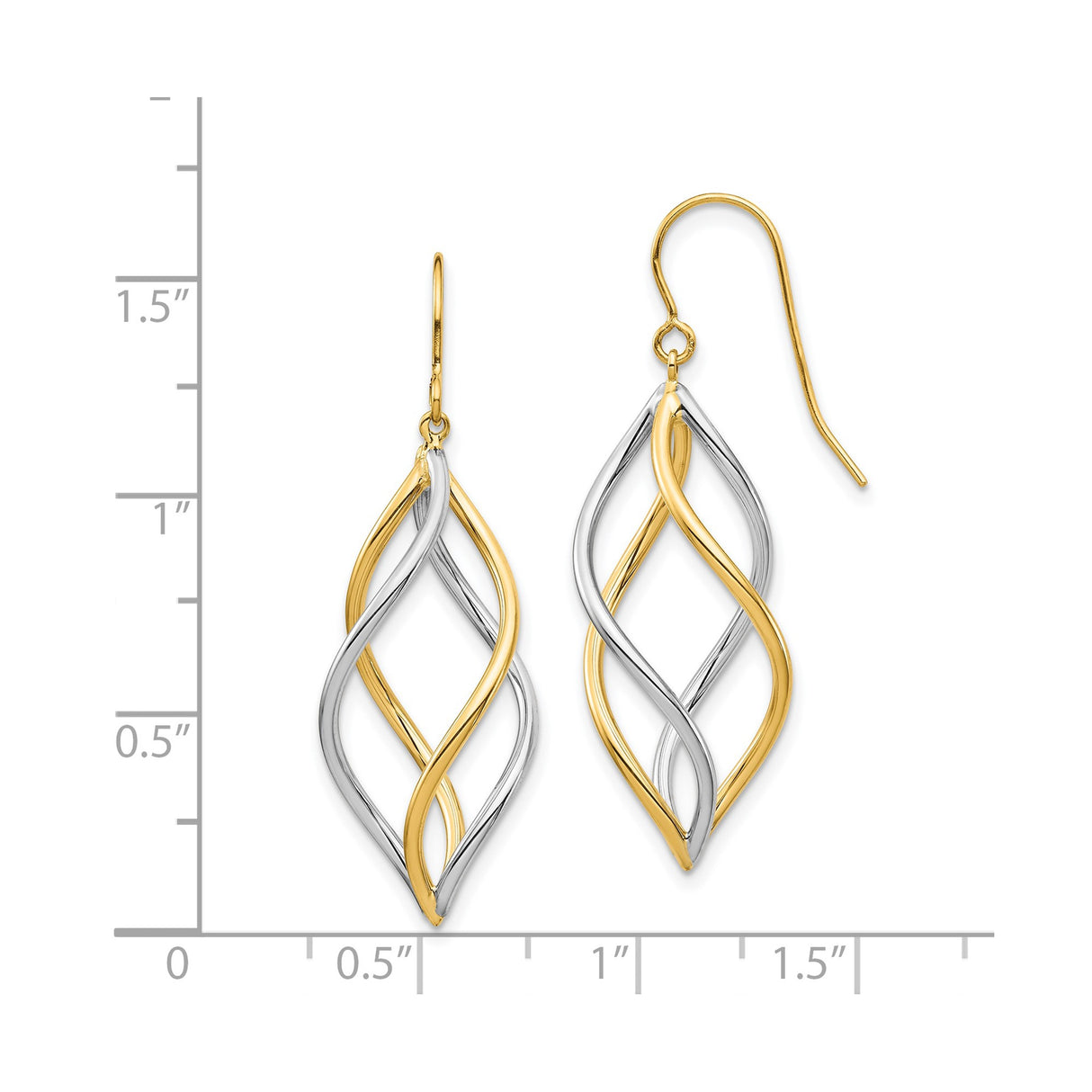 14k Two Tone Gold Dangle Earrings, Twisted Marquise Drop with Shepherd Hooks
