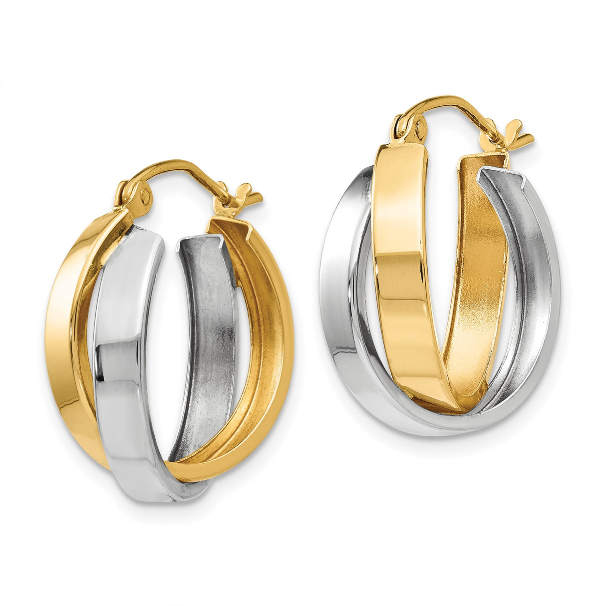 14k Yellow Gold Hoop Earrings, Two-Tone Twisted Design, Medium Size for Women