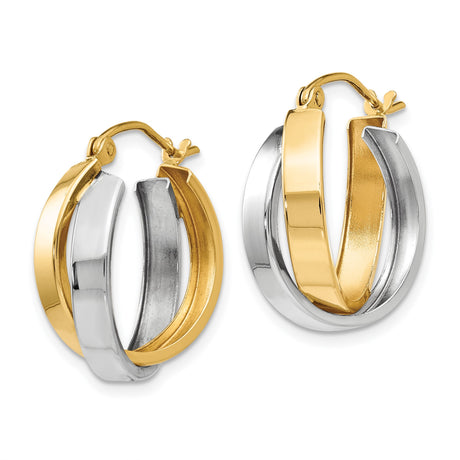 14k Yellow Gold Hoop Earrings, Two-Tone Twisted Design, Medium Size for Women
