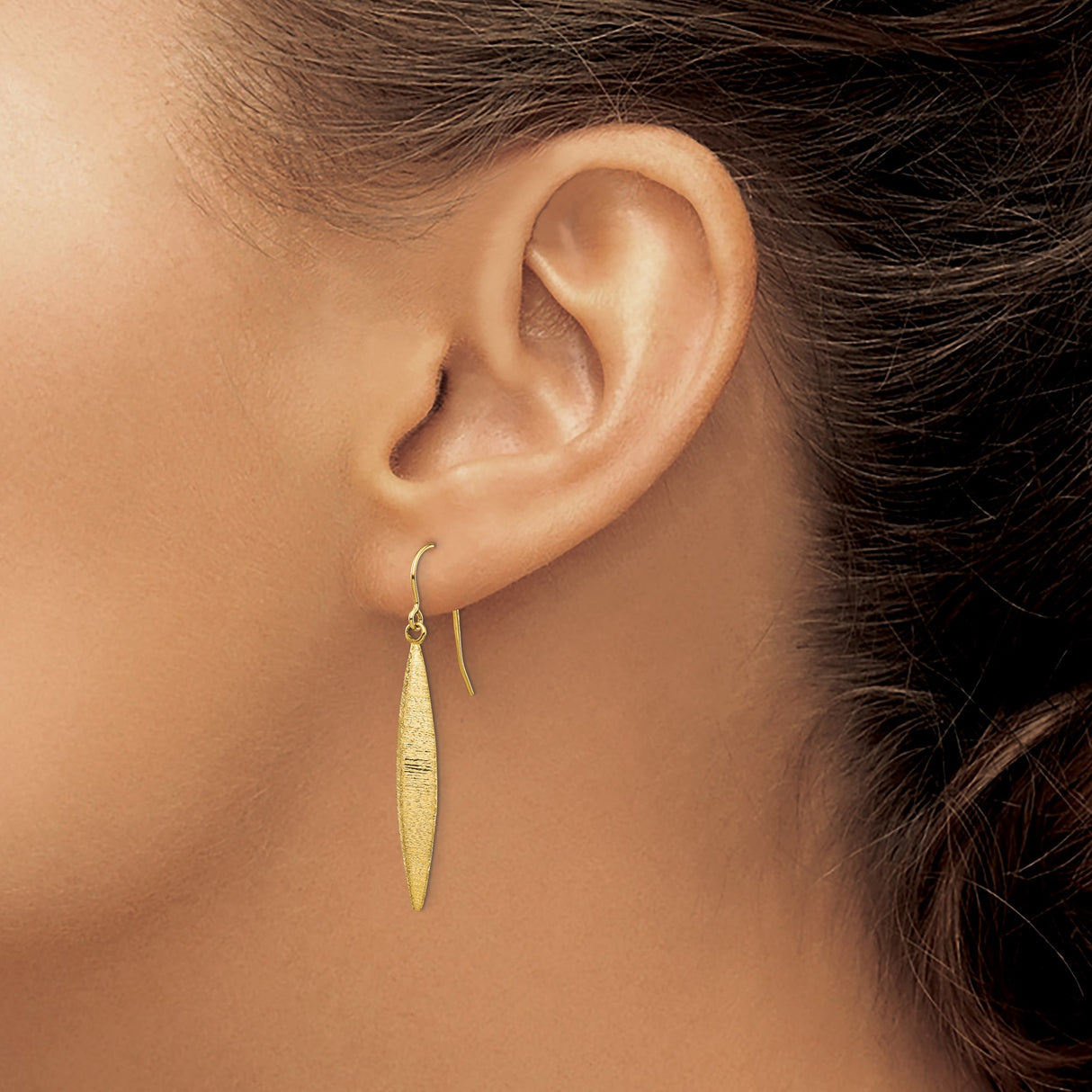 14k Yellow Gold Drop Earrings, Brushed Marquise Dangle, Lightweight Minimalist Design for Women