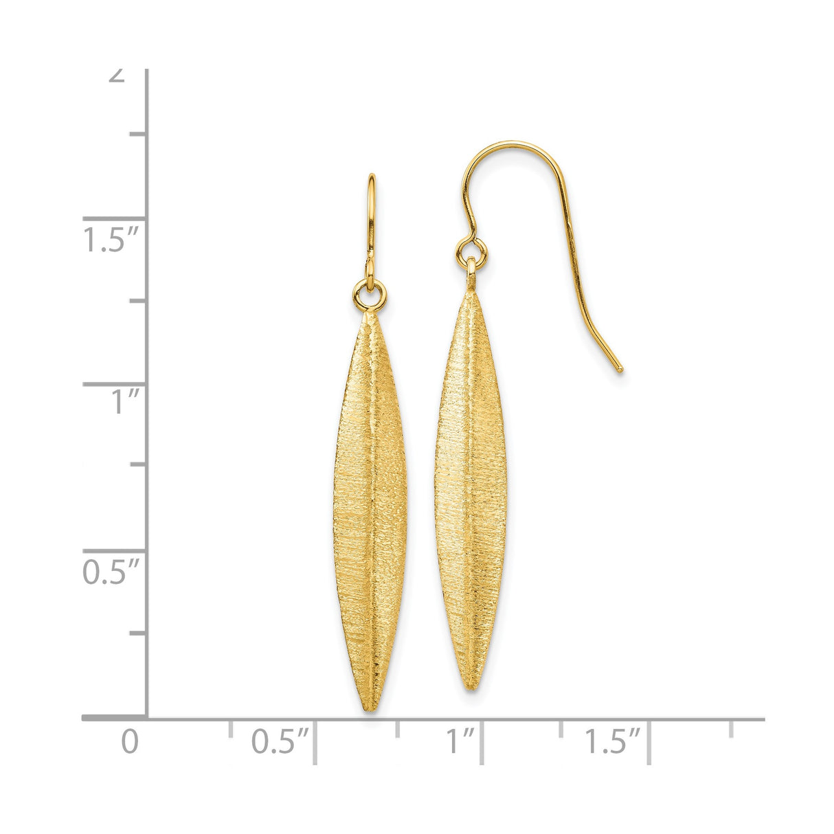 14k Yellow Gold Drop Earrings, Brushed Marquise Dangle, Lightweight Minimalist Design for Women
