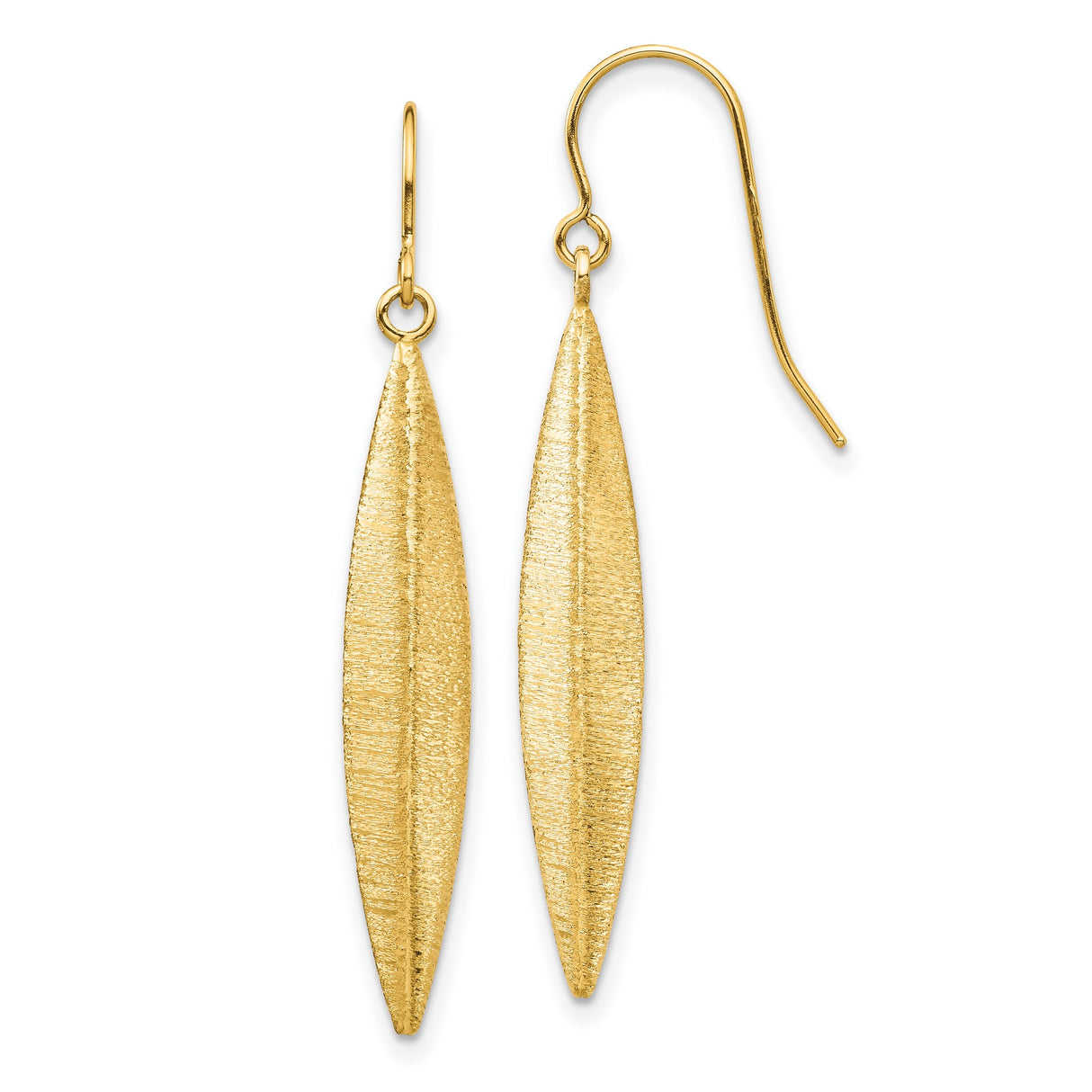 14k Yellow Gold Drop Earrings, Brushed Marquise Dangle, Lightweight Minimalist Design for Women