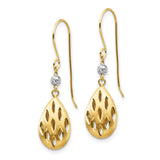 14k Two Tone Gold Teardrop Dangle Earrings with Cutout Marquise Design and Bead Accents