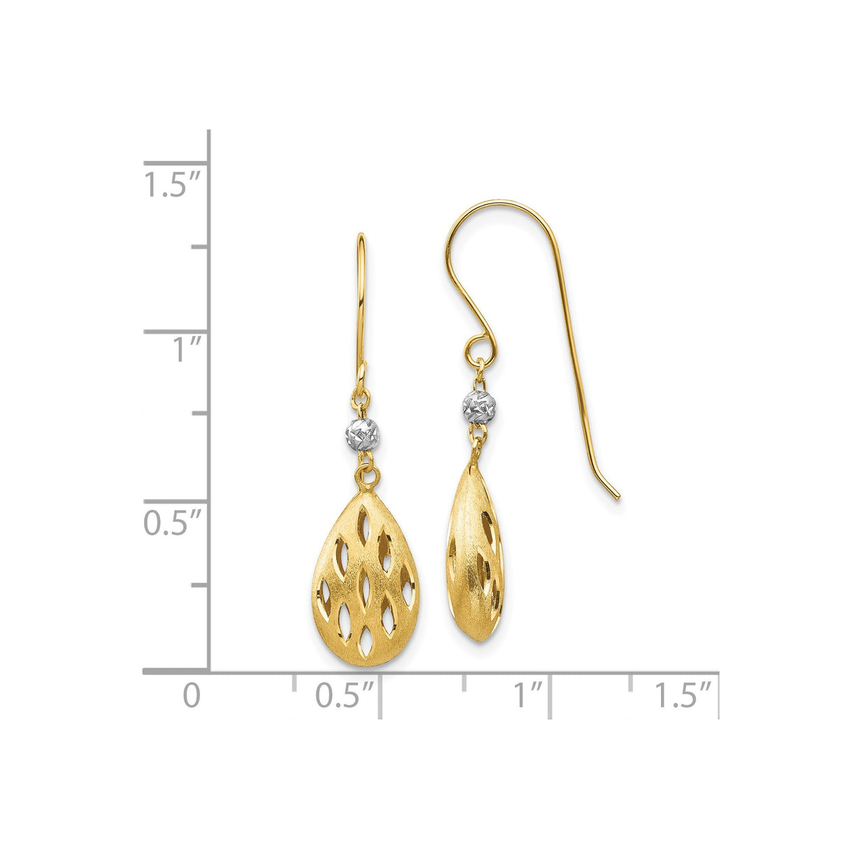 14k Two Tone Gold Teardrop Dangle Earrings with Cutout Marquise Design and Bead Accents