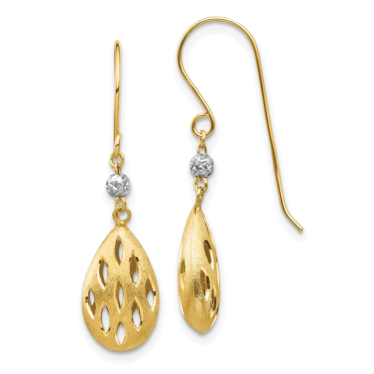 14k Two Tone Gold Teardrop Dangle Earrings with Cutout Marquise Design and Bead Accents