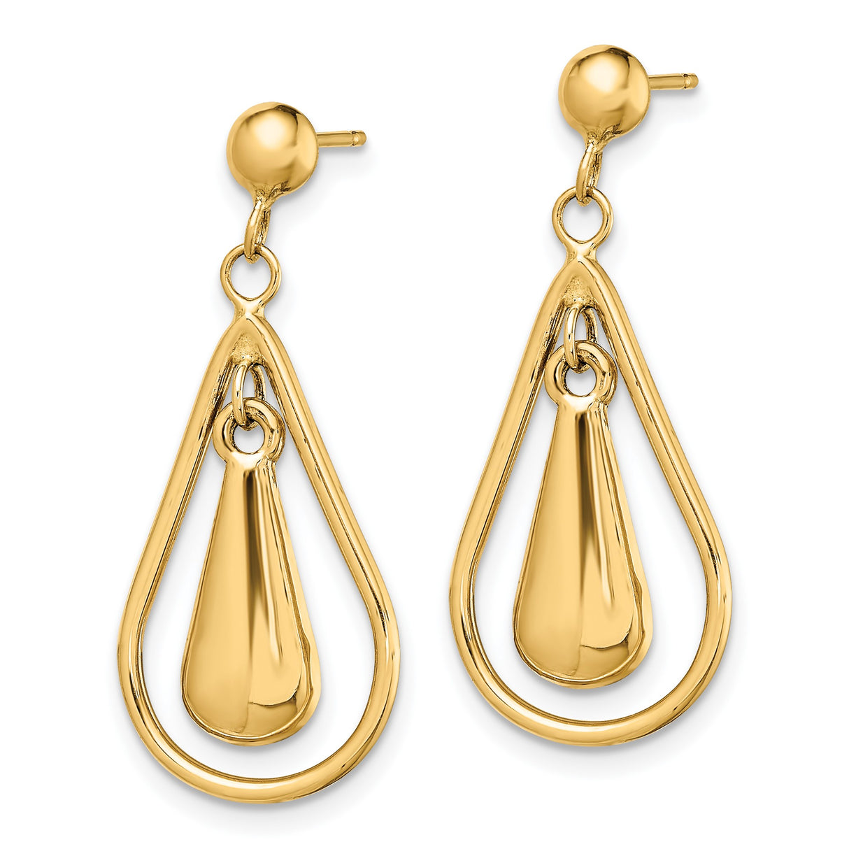 14k Yellow Gold Dangle Earrings with Modern Teardrop Design and Polished Drop Centerpiece