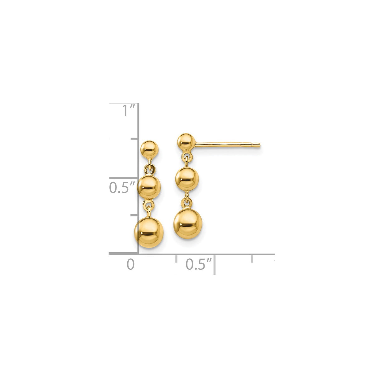 14k Yellow Gold Dangle Drop Earrings with Three Polished Ball Beads, Minimalist Linear Design
