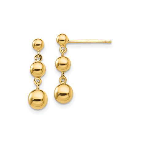 14k Yellow Gold Dangle Drop Earrings with Three Polished Ball Beads, Minimalist Linear Design