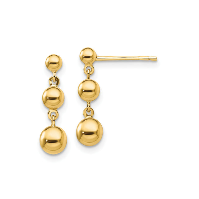 14k Yellow Gold Dangle Drop Earrings with Three Polished Ball Beads, Minimalist Linear Design