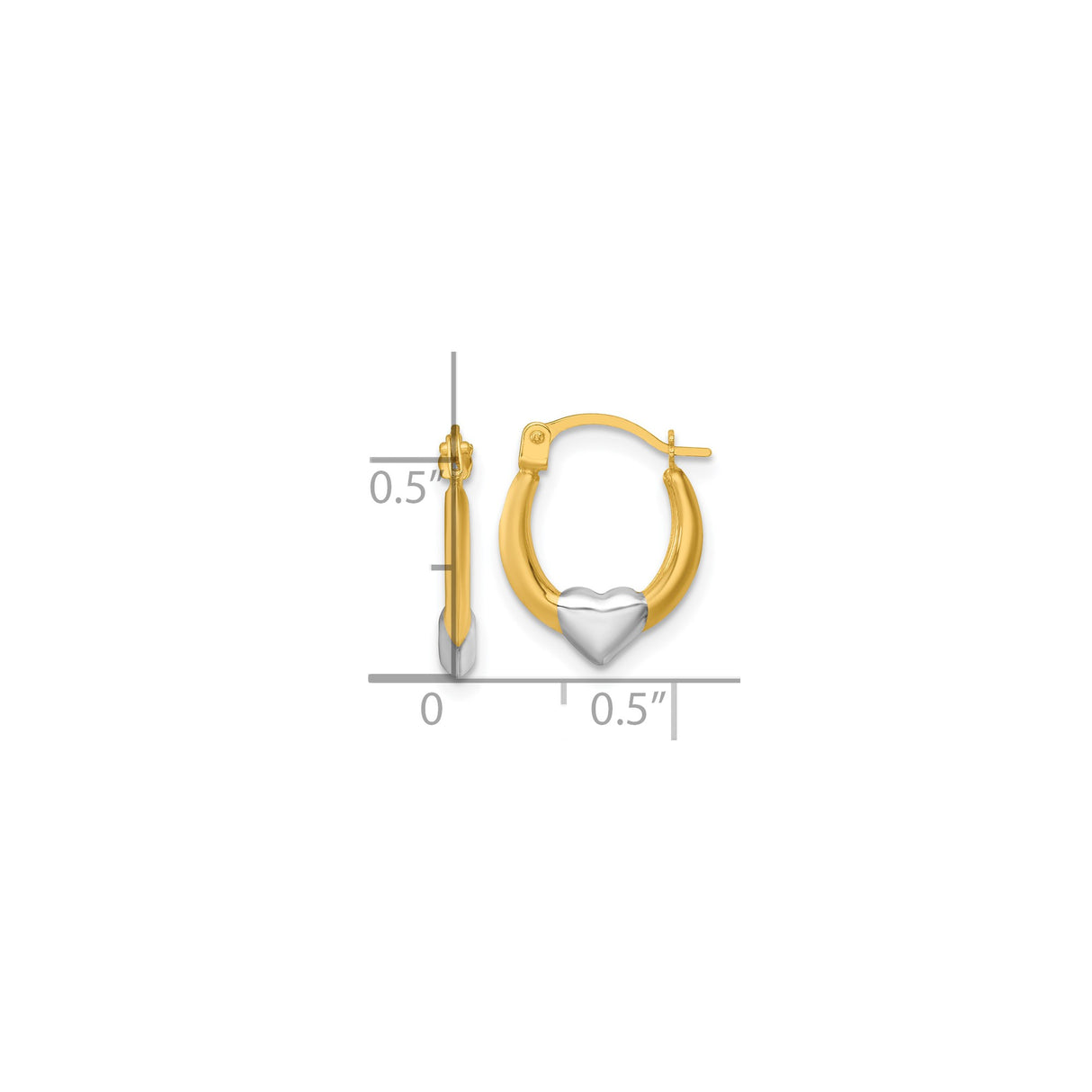 14k Yellow Gold Two-Tone Hoop Earrings with Polished Heart Design