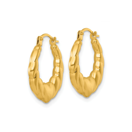 14k Yellow Gold Twisted Puffed Hoop Earrings, Scalloped Medium Size, Textured Statement Style
