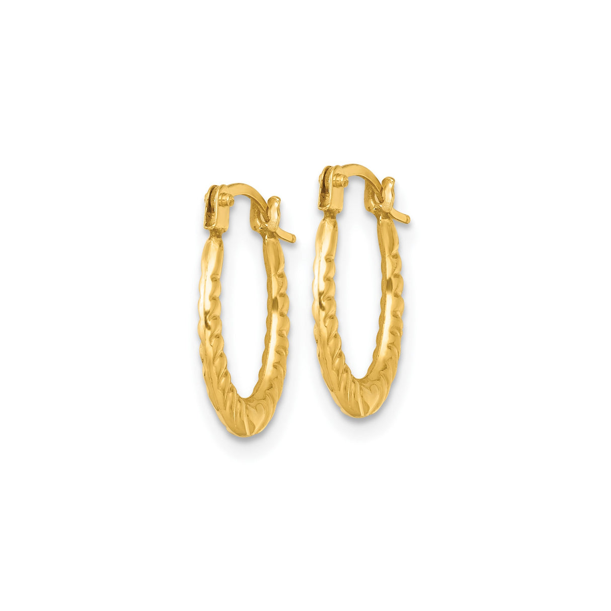 14k Yellow Gold Oval Hoop Earrings with Textured Embossed Heart Design for Women