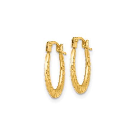 14k Yellow Gold Oval Hoop Earrings with Textured Embossed Heart Design for Women