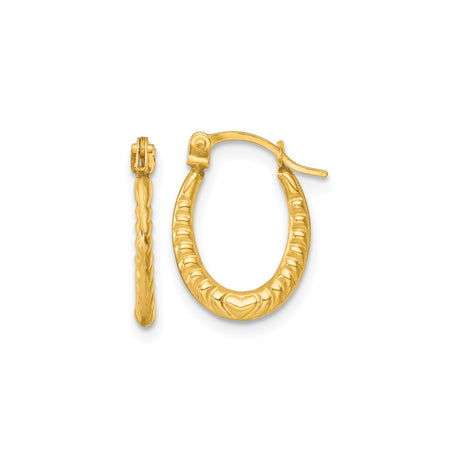14k Yellow Gold Oval Hoop Earrings with Textured Embossed Heart Design for Women