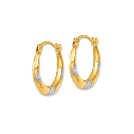 14k Yellow Gold Hoop Earrings, Two-Tone Rhodium Leaf Textured Round Design for Women