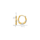 14k Yellow Gold Hoop Earrings, Two-Tone Rhodium Leaf Textured Round Design for Women
