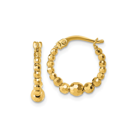 14k Yellow Gold Hoop Earrings, Faceted Bead Design, Polished Finish, Lightweight, Latch Back Closure