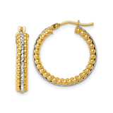 14k Two-Tone Gold Hoop Earrings with Beaded Design and Diamond Cut Stripe for Women