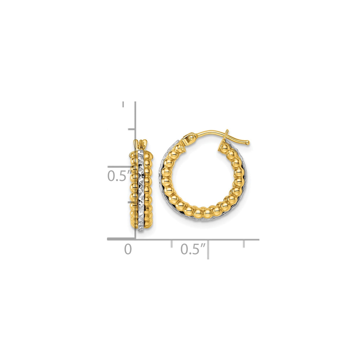 14k Two-Tone Gold Hoop Earrings with Beaded Yellow Gold Design and Textured White Stripe