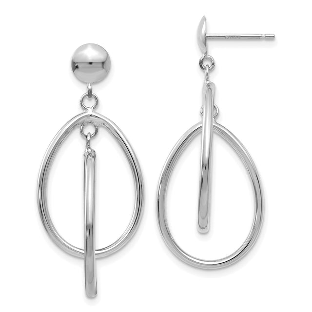 14k White Gold Dangle Earrings, Open Teardrop and Oval Hoop Design, Polished Finish