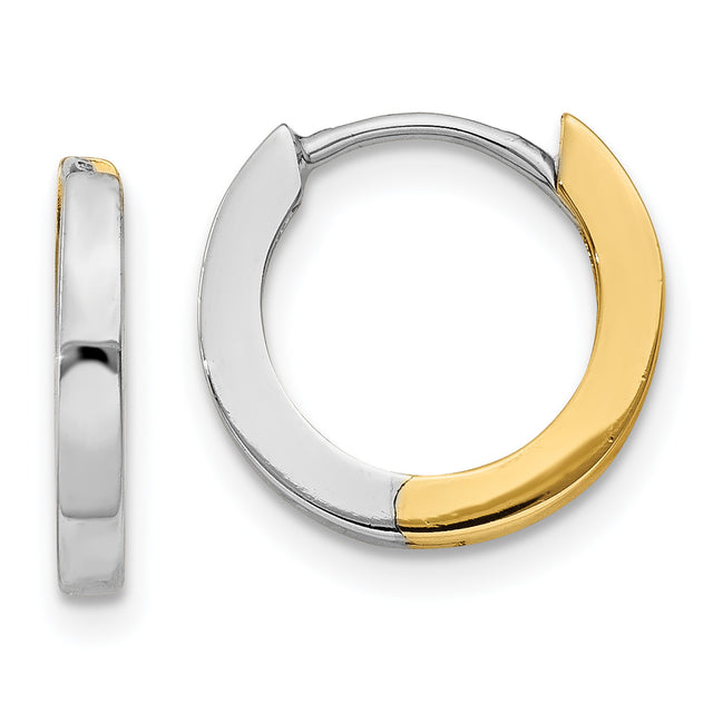 14k Yellow and White Gold Hoop Earrings, Polished Two-Tone Hinged Hoops, Unisex Minimalist Style