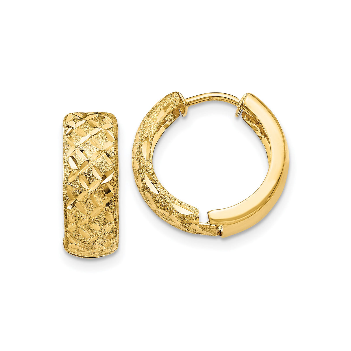 14k Yellow Gold Hoop Earrings with Diamond Cut Leaf Design and Glitter Finish