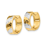 14k Yellow Gold Hoop Earrings, Rhodium Finish, Diamond-Cut Two-Tone Faceted Design for Women