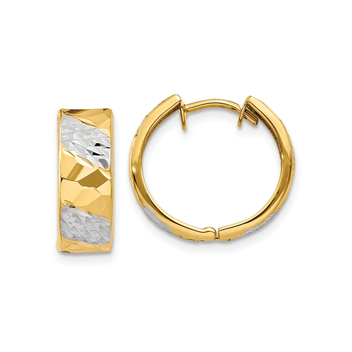 14k Yellow Gold Hoop Earrings, Rhodium Finish, Diamond-Cut Two-Tone Faceted Design for Women