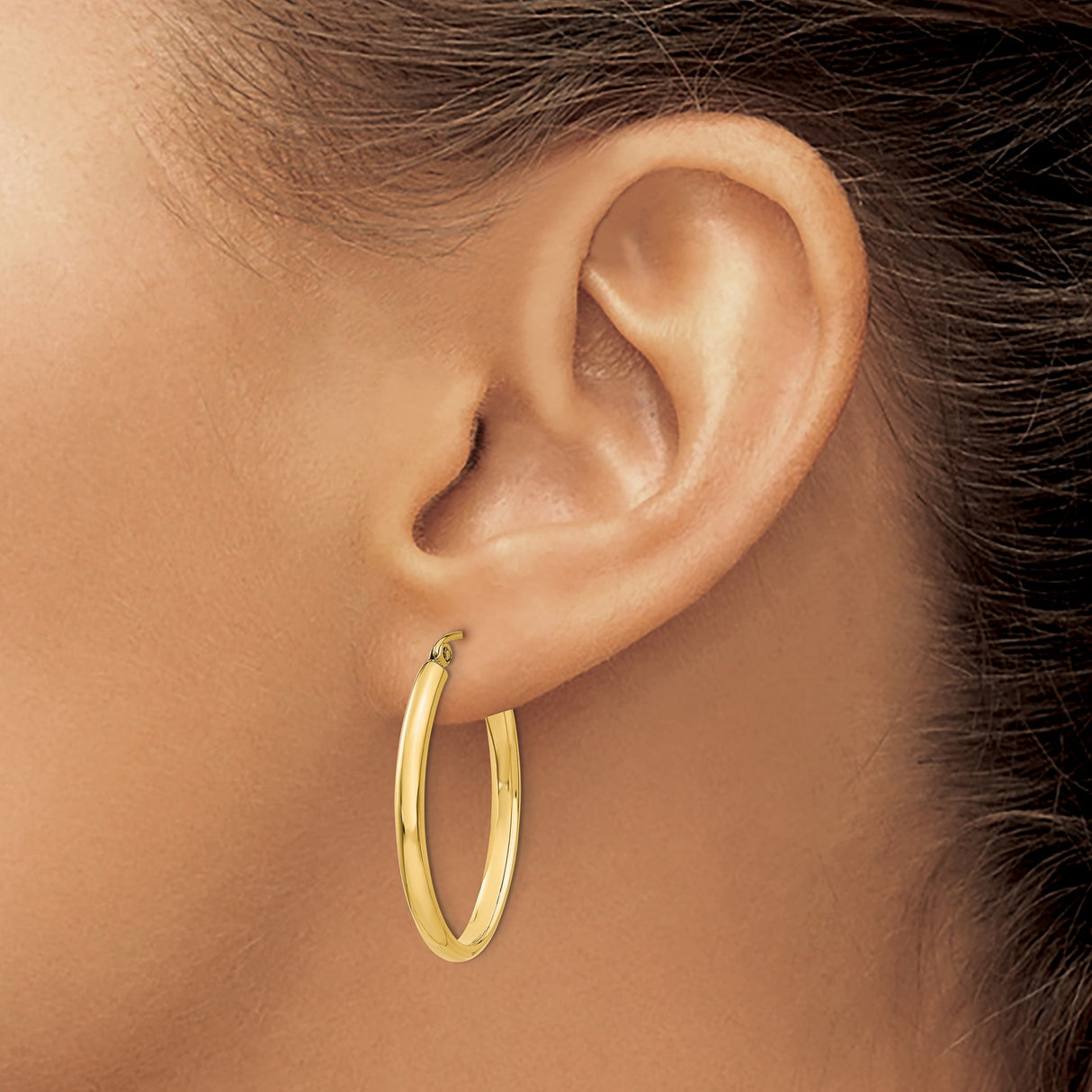 14k Yellow Gold Hoop Earrings, Oval Shape with Latch Back, Polished Finish, Medium Size
