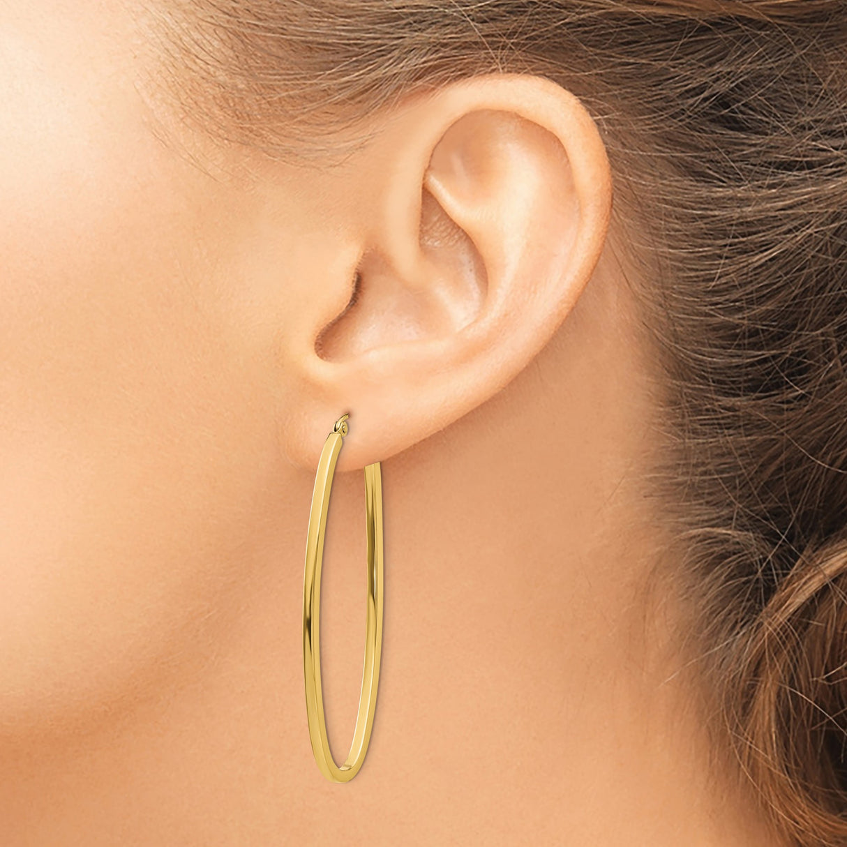 14k Yellow Gold Oval Hoop Earrings, Elongated Lightweight Polished Tube Design for Women