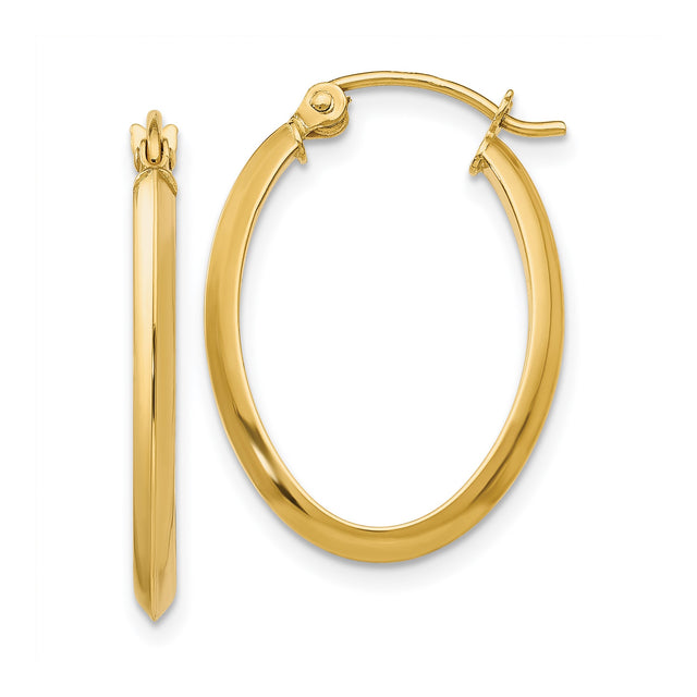 14k Yellow Gold Oval Hoop Earrings with Snapback Closure, Polished Lightweight Design for Women
