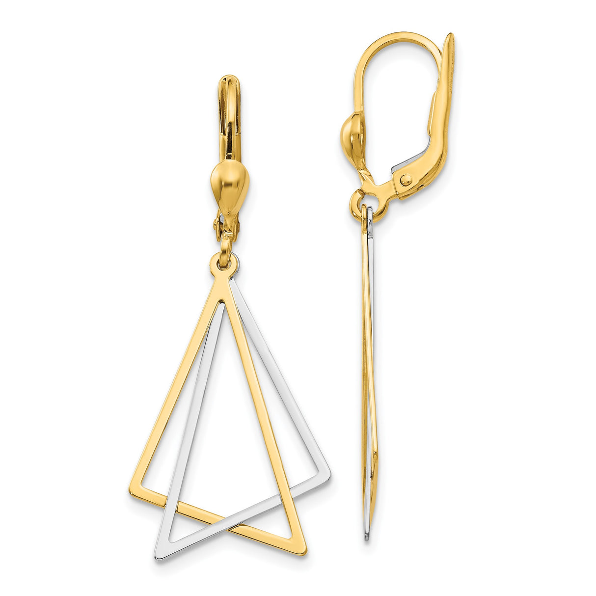 14k Yellow Gold Dangle Earrings, Interlocking Geometric Triangle Drop, Modern Minimalist Style