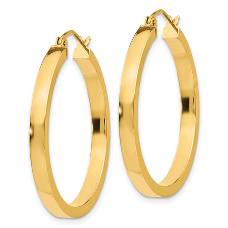 14k Yellow Gold Hoop Earrings, Medium Polished Flat Edge Oval Hoops for Women