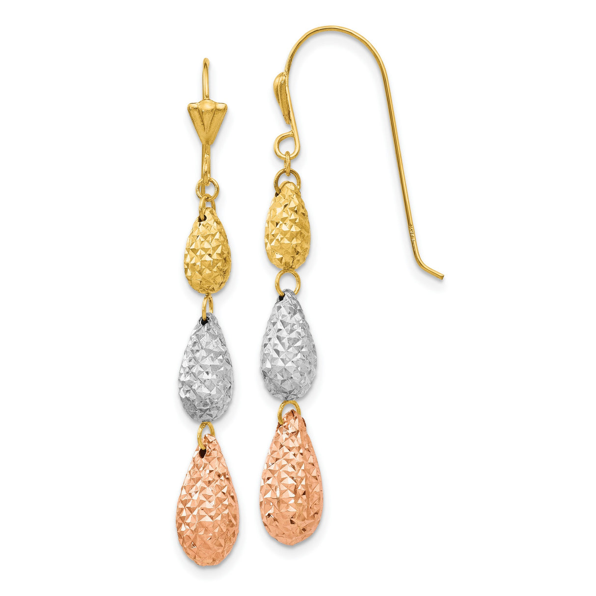 14k Tri Color Gold Dangle Earrings with Diamond Cut Teardrop Charms for Women