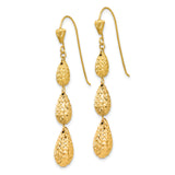 14k Yellow Gold Dangle Earrings with Three Textured Teardrop Drops, Diamond Cut Finish