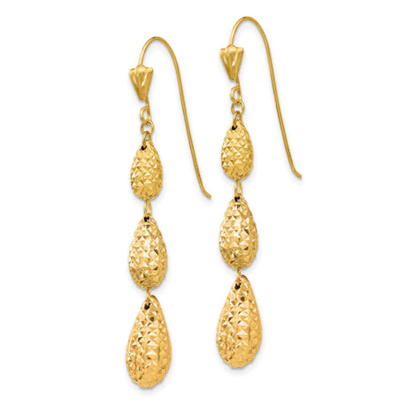 14k Yellow Gold Dangle Earrings with Three Textured Teardrop Drops, Diamond Cut Finish