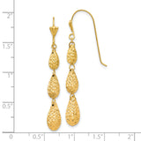 14k Yellow Gold Dangle Earrings with Three Textured Teardrop Drops, Diamond Cut Finish