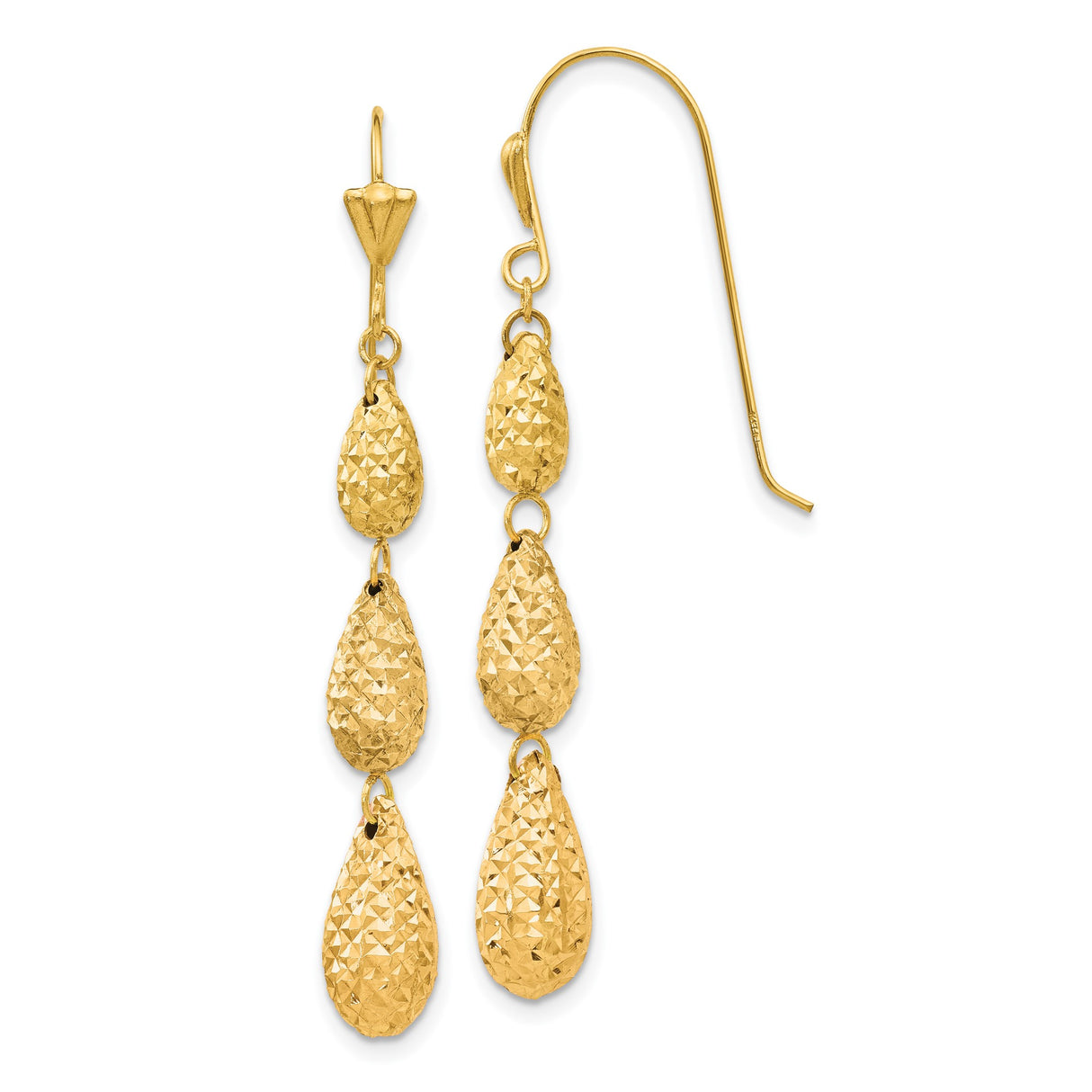 14k Yellow Gold Dangle Earrings with Three Textured Teardrop Drops, Diamond Cut Finish