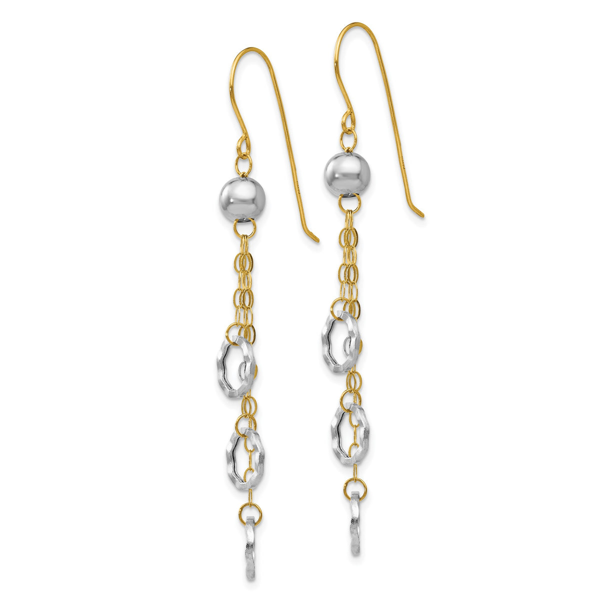 14k Two-Tone Gold Dangle Earrings, Yellow Gold Chains with White Gold Textured Oval Links, Modern Drop Design